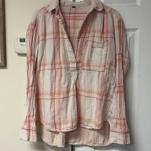FREE PEOPLE Plaid Top Oversize Half Button Pink One Pocket Button Cuff Large